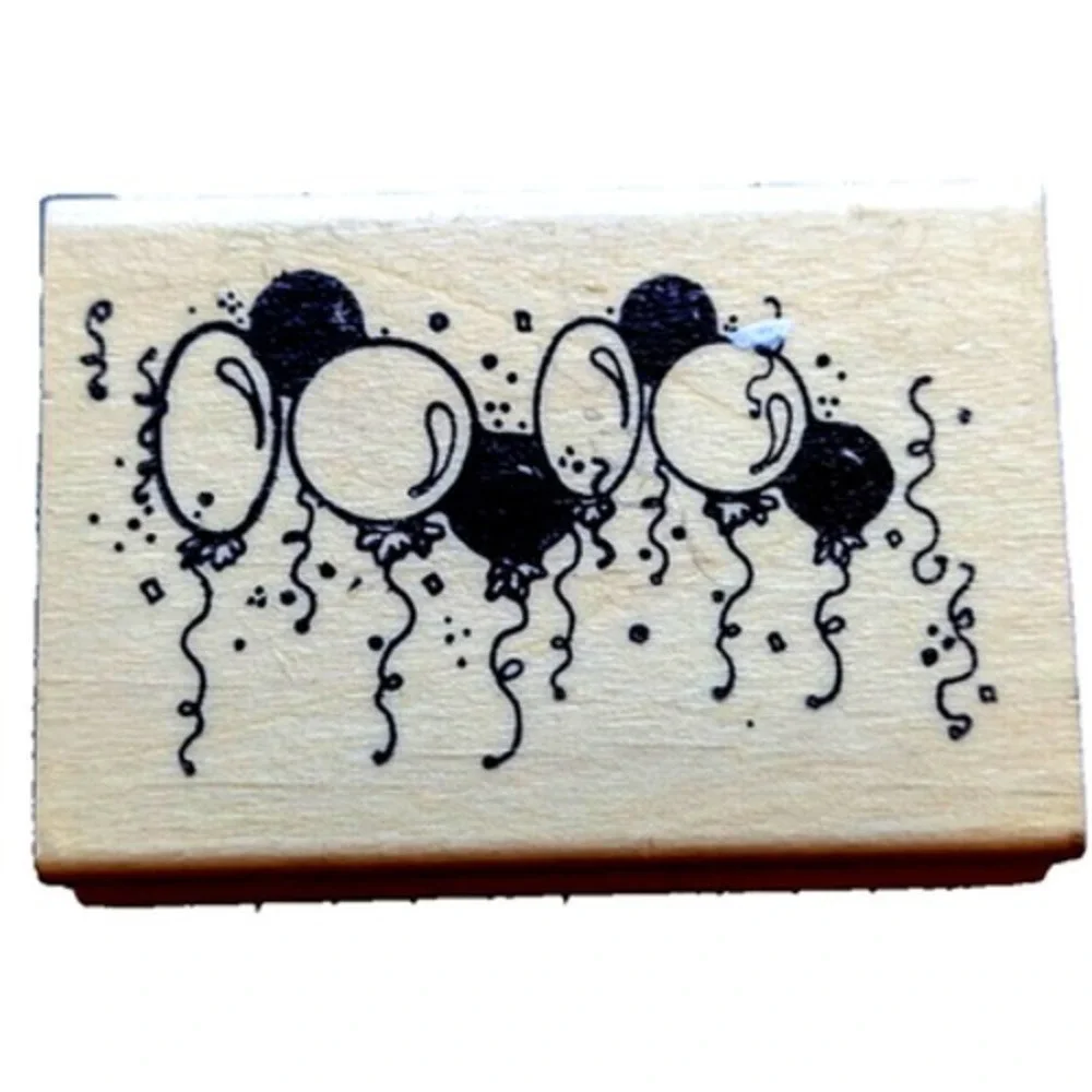 Hooks Lines Inkers Balloons Confetti Streamers Rubber Stamp Wood #H75